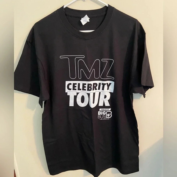 TMZ Celebrity Tour Big Bus Los Angeles Hollywood Black Authentic T-Shirt Sz L - Picture 1 of 7
